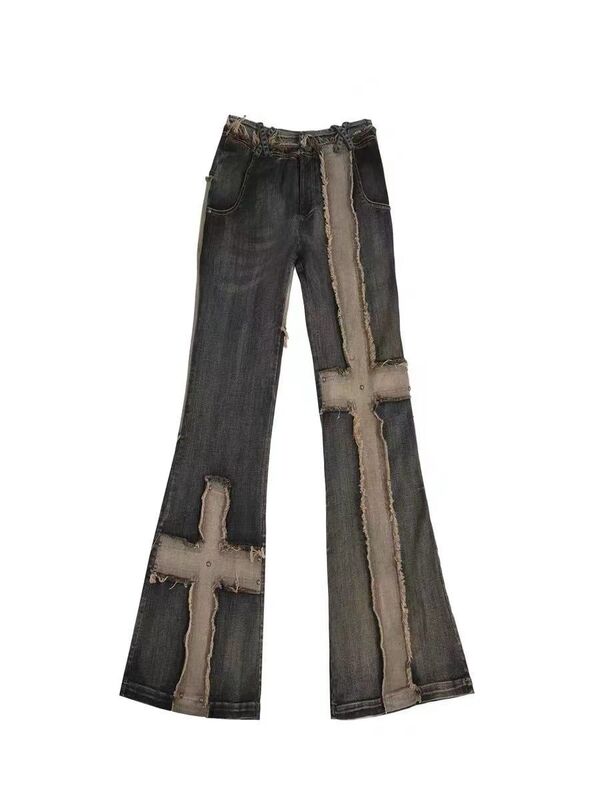 Jeansy rozkloszowane szorstkie krawędzie z wysoką talią Grunge estetyka jeansy w stylu Distressed Vintage patchworkowe pustkowie Punk Do starego spodnie dżinsowe Gothic