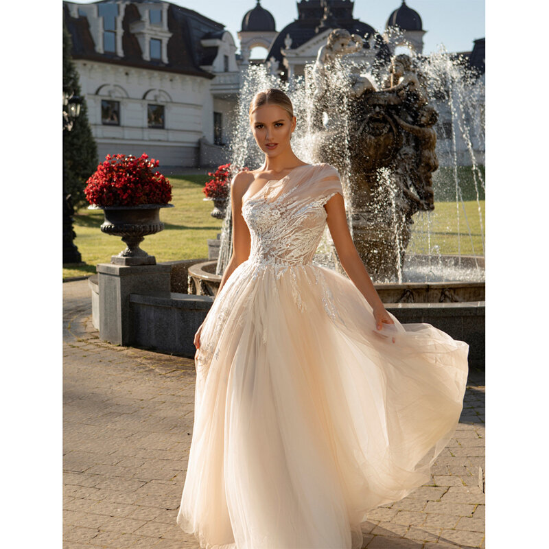 Ombro único brilhante vestidos de cetim para mulheres, vestido de noiva elegante, vestido de princesa sem mangas, 2024