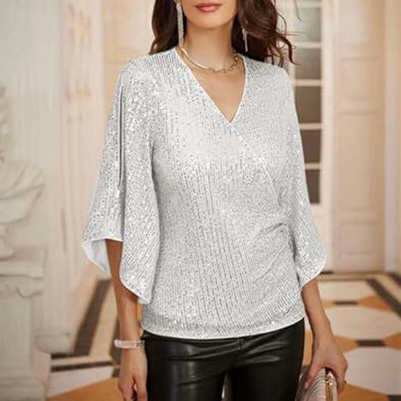 Sparkly Top Sequin Hollow Out V Neck Blouse for Women Three Quarter Sleeve Soft Breathable Pullover Shiny Prom Top for Lady