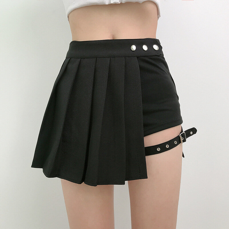 Faldas plisadas góticas para mujer, faldas asimétricas de cintura alta, estilo Punk Harajuku, a cuadros, irregulares, color negro