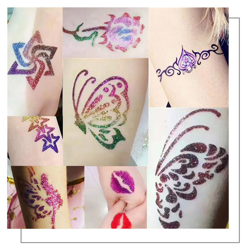 Juego de tatuaje temporal con purpurina de diamante colorido, brocha de maquillaje en polvo, pegamento para tatuaje, Kits de arte corporal para cara y fiesta para niños