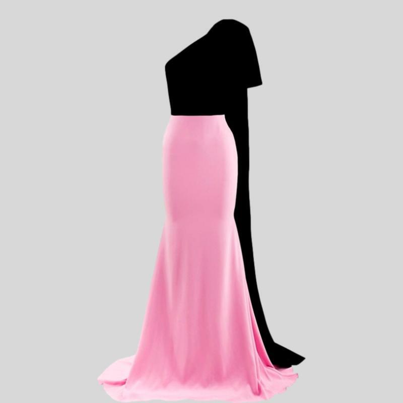 Olise gaun pesta pernikahan putri duyung satu bahu, gaun pengiring pengantin melar sederhana Satin, merah muda & hitam selantai C