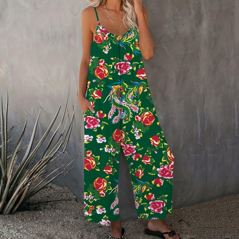 Loose Jumpsuit Women Summer Jumpsuit Northeast Style Floral Print V Neck Jumpsuit with Side Pockets Chinese Vacation for Women