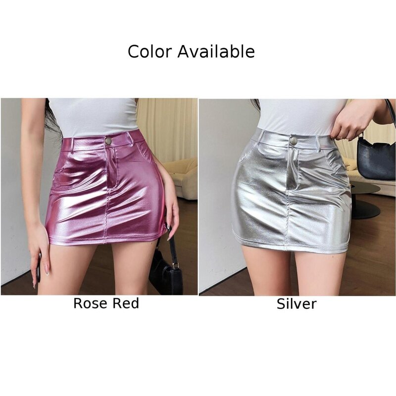Falda corta de cintura alta para mujer, ropa de discoteca de aspecto húmedo, color rosa, Sexy, para verano