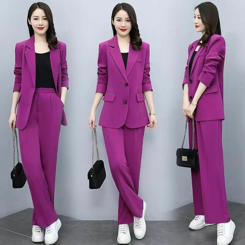 Setelan Pakaian Kaki Lebar Wanita, Blazer Kasual Dua Potong Pakaian Bisnis Korea Elegan Modis Musim Gugur 2022