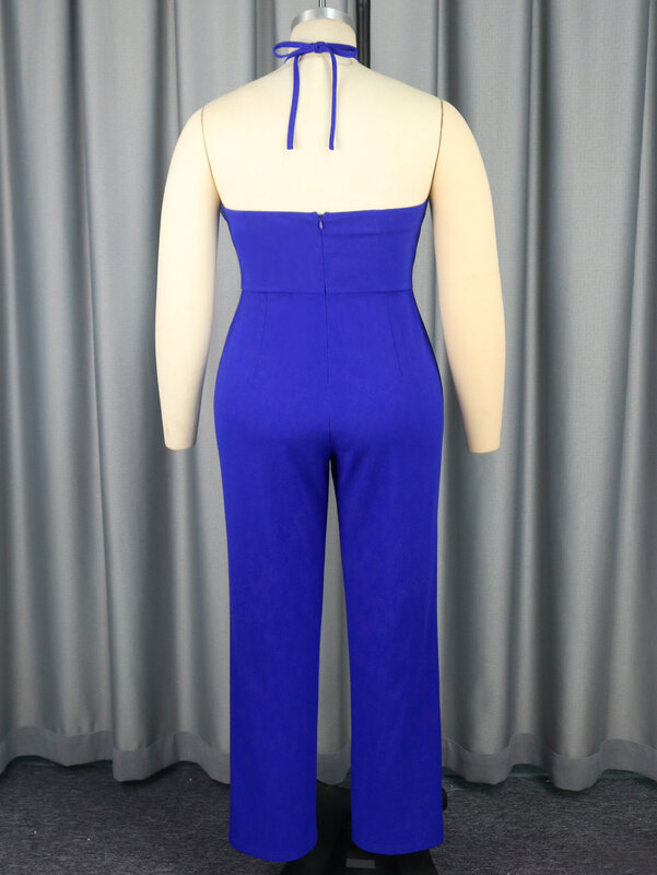 Ontinva ชุดจั๊มสูทปาร์ตี้สำหรับผู้หญิงชุดจั๊มสูทเอวสูงกางเกงขาม้ายาวเปิดหลังสีน้ำเงินชุดติดกันแบบใหม่4XL ขนาดพิเศษ2024