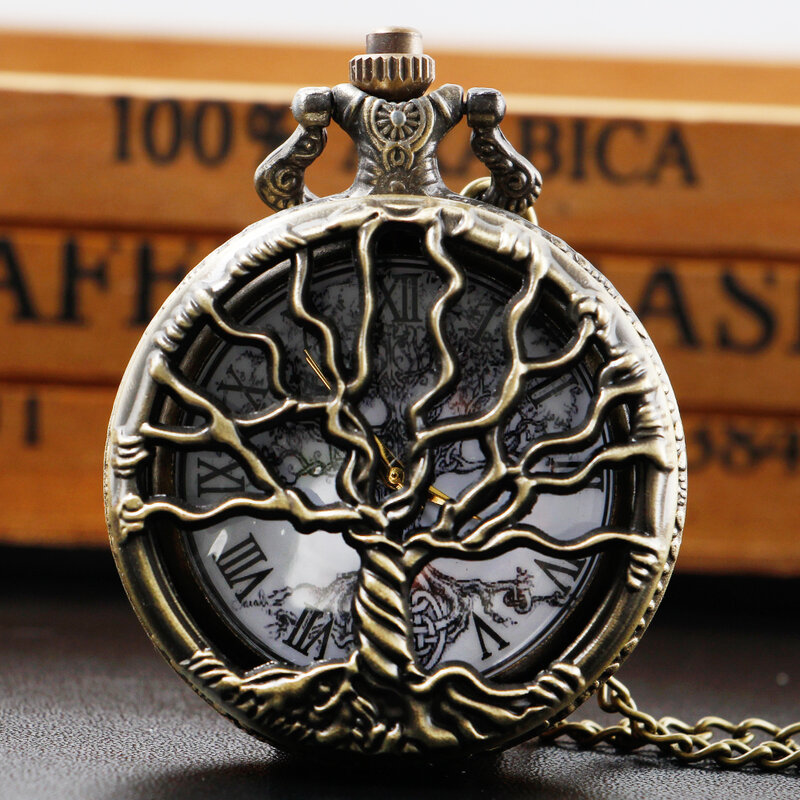 Tree of Life Hollow Carved Ink Sketch Painting Dial Vintage Quartz Pocket Watch Necklace Pendant Gifts For Women Or Man