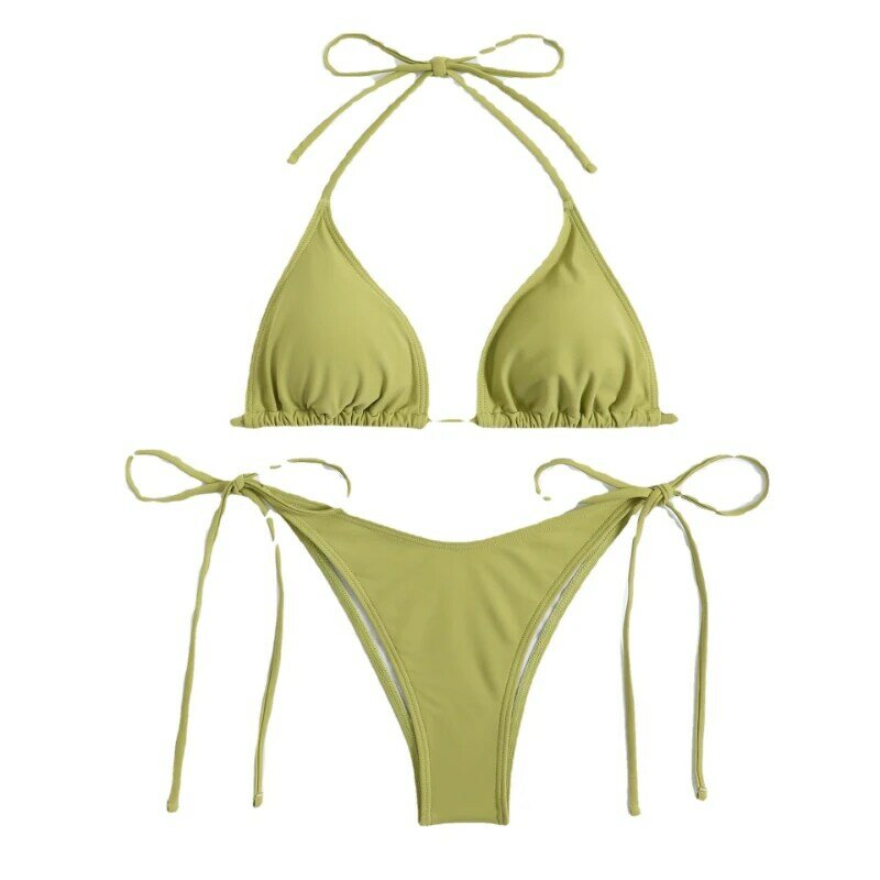 Seksowne stringi damskie jednolity kolor Bikini zestaw strój kąpielowy z bocznym krawatem damski z podzielonym paskiem regulowany brazylijskie stroje kąpielowe strój plalowy