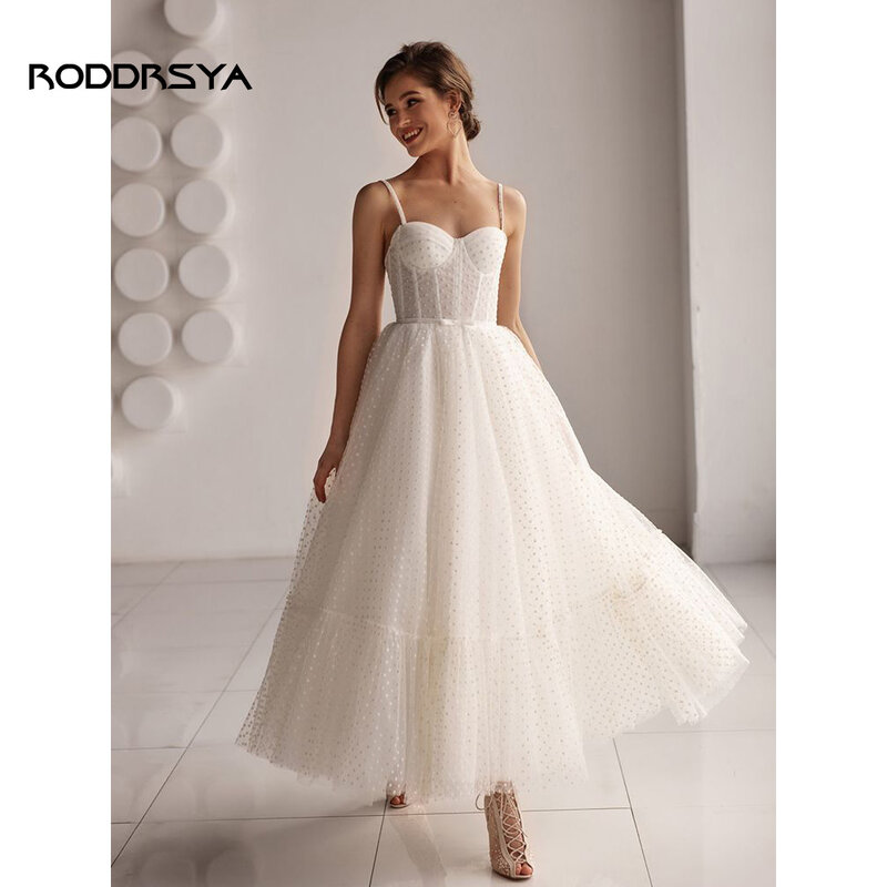 RODDRSYA Short Wedding Dress 2023 A Line Sweetheart Spaghetti Straps Dot Tulle Bridal Gown Lace Up Back Ankle Length Custom Made