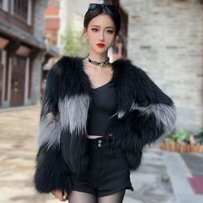Spring and autumn new 100% real raccoon hair double-sided knitted women's luxury long front knitted two-color clothing