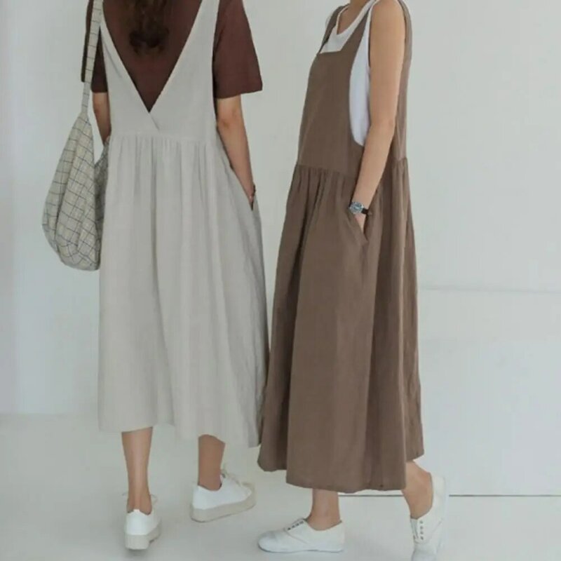Vestido de verano de lino y algodón para mujer, ropa sin mangas, con bolsillos, talla grande, novedad de 2023