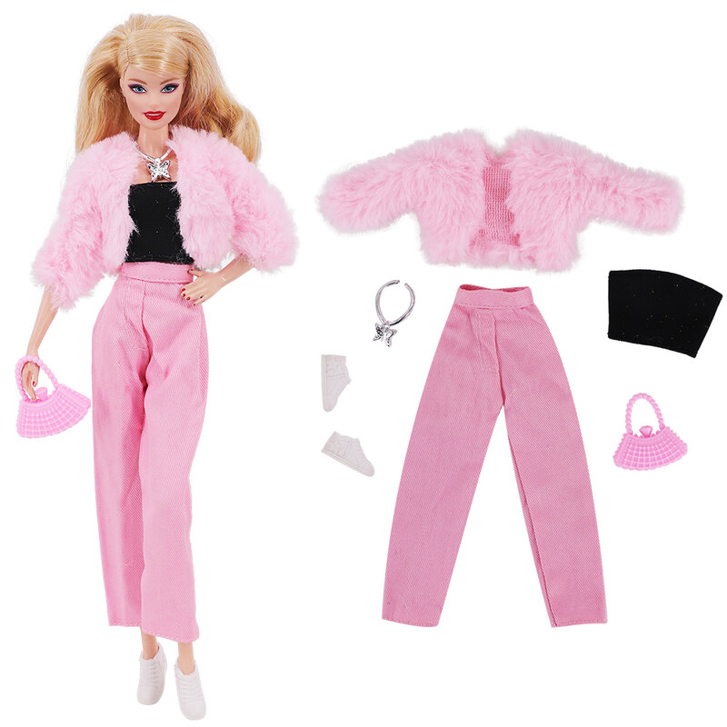 4 Pcs/Set Fur Vest Coat + Dress/Casual Outfit for Barbies 11.8 inch Doll Clothes Accessories Plush Jacket Celebrity,Child's Gift