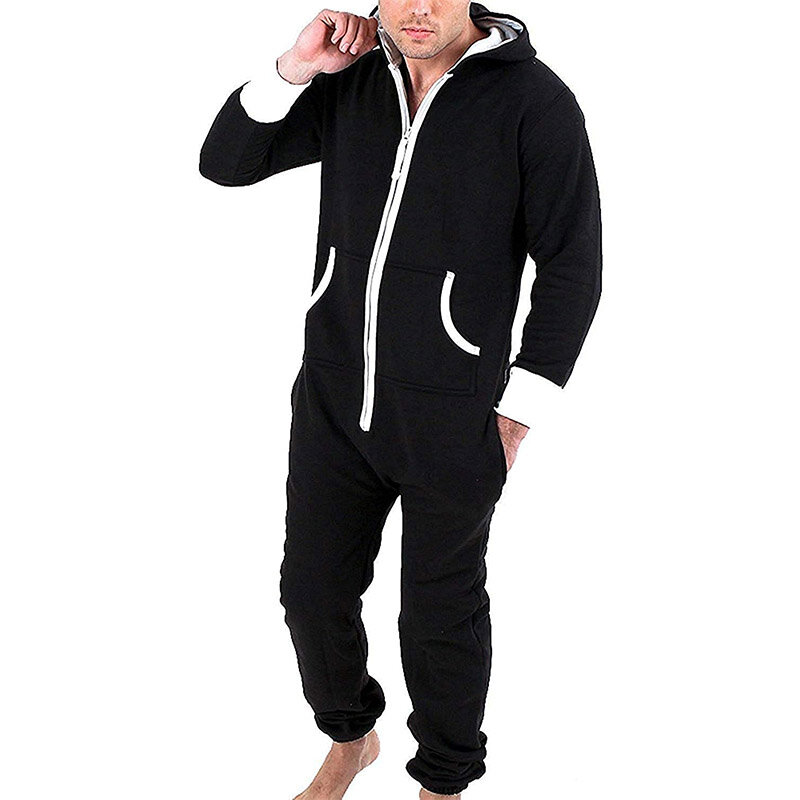 Unisex Nachtwäsche Overalls Kapuzen taschen Reiß verschluss Onesies einteilige feste Pyjamas Homewear Langarm Nachtwäsche Casual Pyjamas