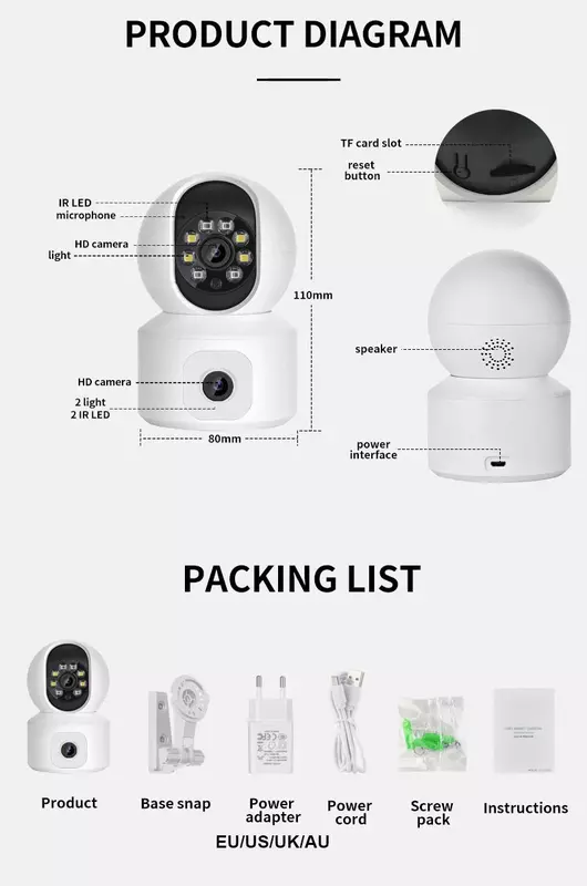 듀얼 렌즈 PTZ WIFI 카메라, 야외 자동 추적 홈 보안, 풀 컬러 적외선 야간 투시경, 원격 모니터링, 2X2MP