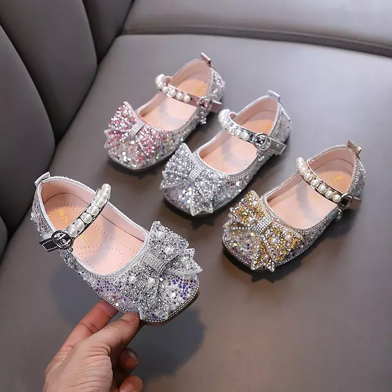 Кожаные туфли для девочек, роскошные детские туфли на плоской подошве со стразами и жемчугом и бантом, модные детские танцевальные балетки Мэри Джейн