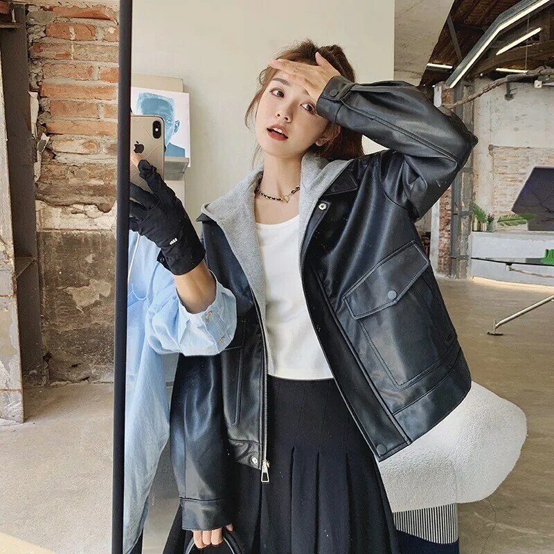 Damen Basic Faux Pu Lederjacken mit Kapuze übergroße Reiß verschluss taschen Motorrad jacke schwarz Streetwear Mantel weiblich