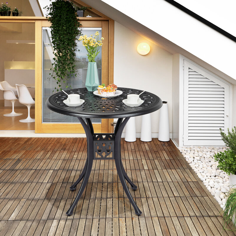 Table d'extérieur ronde en fonte d'aluminium avec trou de parapluie, table de bistrot, terrasse au bord de la piscine, porche, jardin, balcon, bar de cuisine