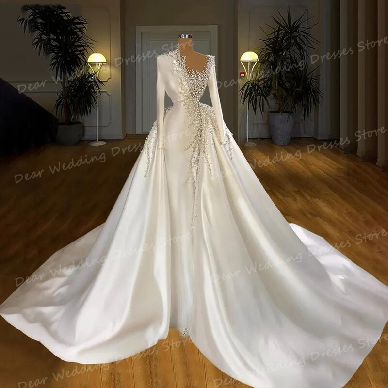 Exquisite 2024 Modern Wedding Dresses Sexy Beading Mermaid Detachable Train Women's For Bridal Ball Gowns Satin Formal Vestidos