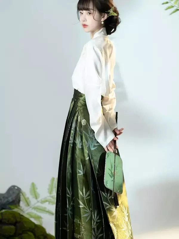 Traje original de saia Hanfu, estilo chinês, tecelagem dinastia Ming, vestido dourado rosto cavalo