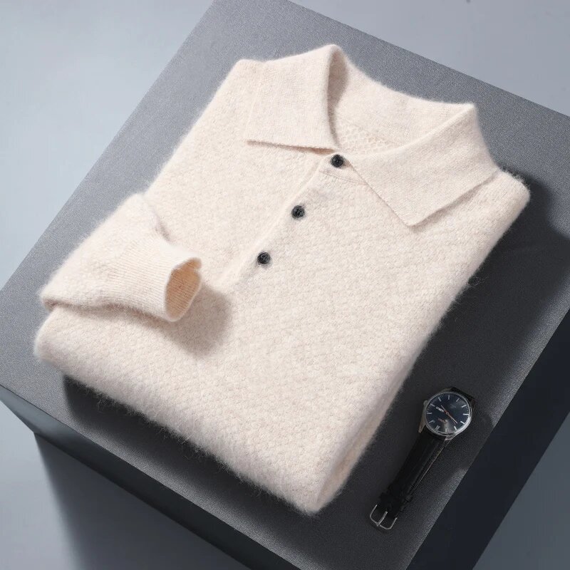 Suéteres de Cachemira de visón para hombre, Jersey de punto informal de manga larga, cuello de POLO sólido, cálido, otoño e invierno, 100%