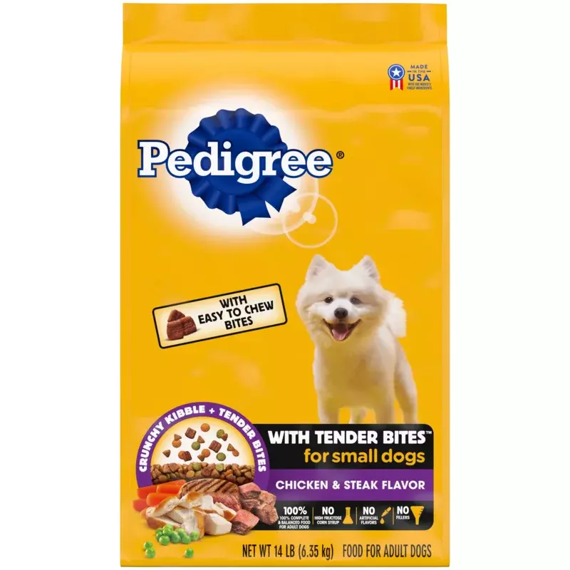Pedigree Tender Bites Food para cães pequenos, Adulto Dry Dog Food, Frango e bife, Kibble, saco de 14 lb