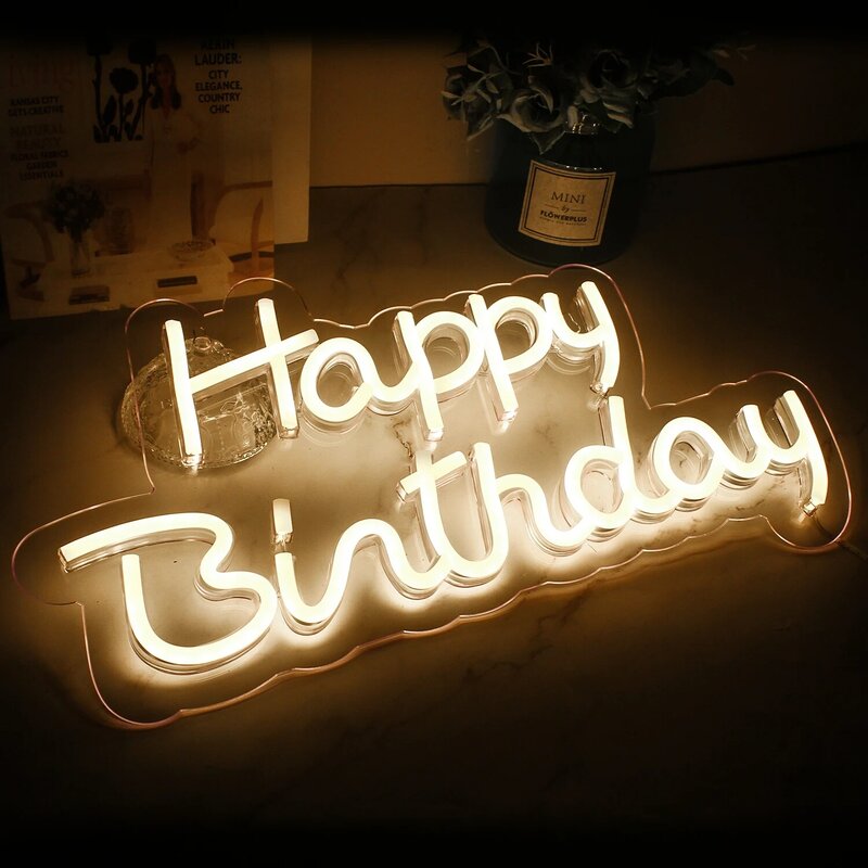 Letreros de neón con letras de feliz cumpleaños, luces LED cálidas, decoraciones para fiestas, lámpara colgante de pared alimentada por USB, adornos