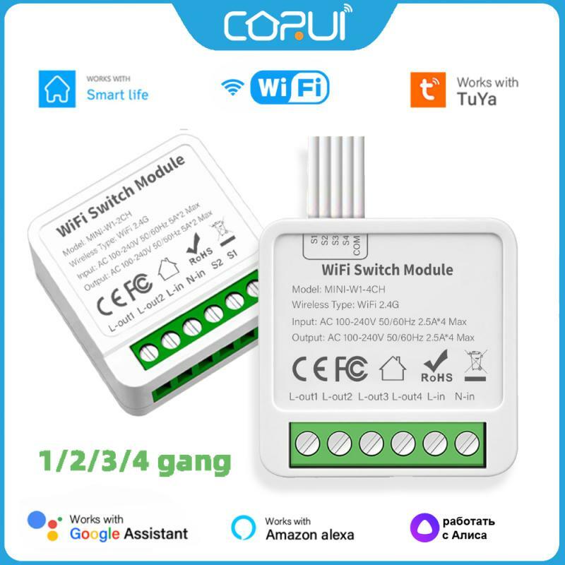 CORUI-Tuya WiFi Módulo Interruptor Inteligente, 1, 2, 3, 4 Gang, Controle 2 Way, Suporte Alexa, Google Home, Alice, Controle de Voz