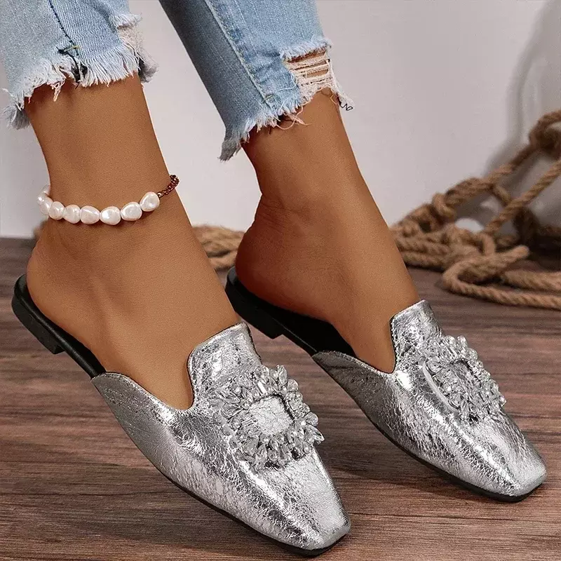Women's Flat Slippers 2024 Summer Mules Crystal Slingback Dress Flip Flops Designer Mary Jane Square Toe Shoes Zapatos De Mujer
