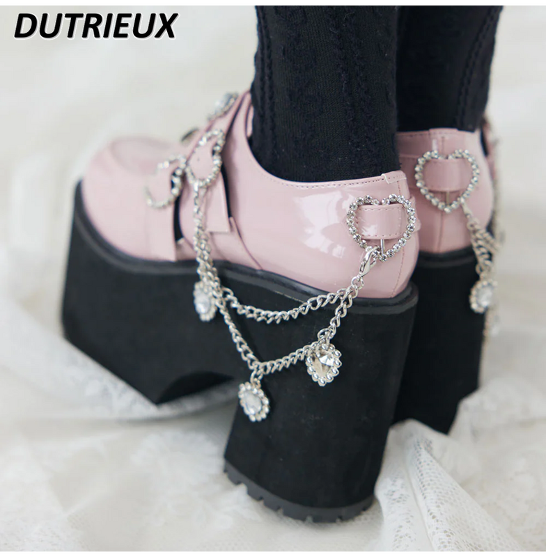 Zapatos de tacón alto con plataforma y cadena de amor de diamantes de imitación para mujer, estilo Lolita japonés, zapatos Kawaii que combinan con todo