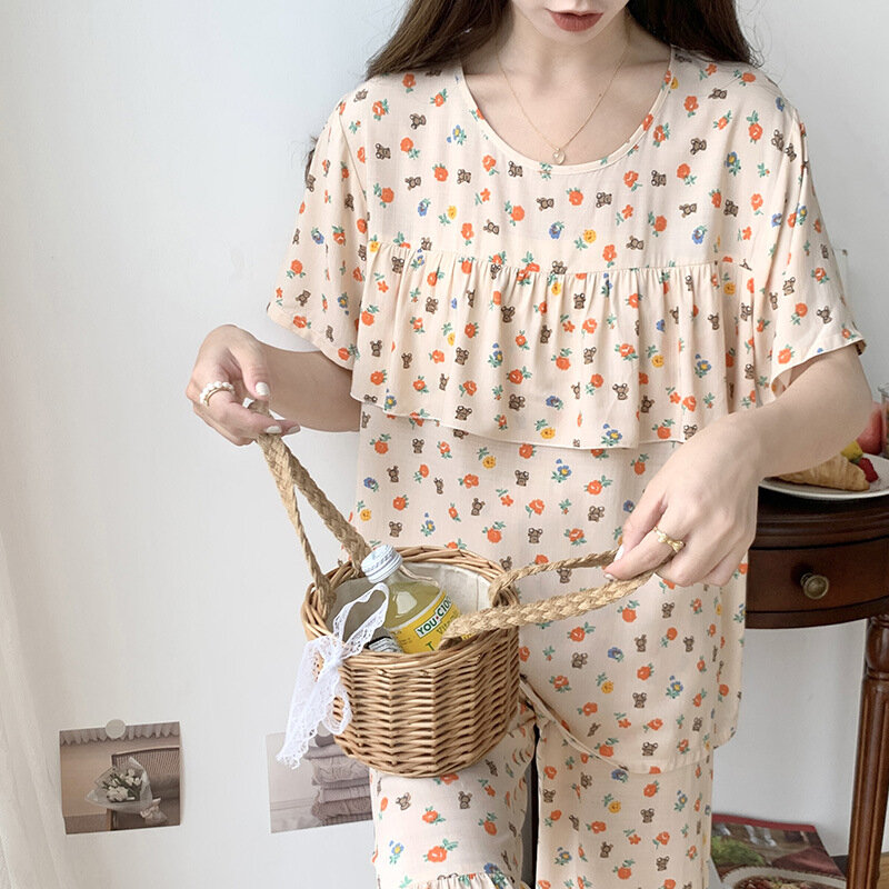 Lato koreański styl kwiatowy słodki zestaw piżamy kobieta moda z krótkimi rękawami odzież damska falbana Kawaii słodkie spodenki piżama