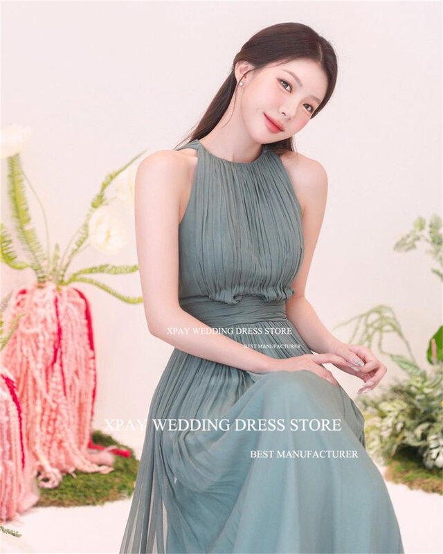 XPAY Elegant O Neck Korea Chiffon Evening Dresses Photos Shoot Wedding Guest Prom Gown Sleeveless Ribbons Birthday Formal Dress