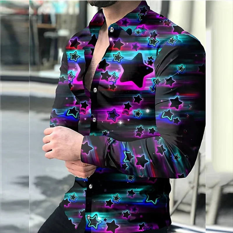 Camisa con estampado 3D de cielo estrellado para hombre, cárdigan informal de manga larga con cuello tipo Polo, a la moda, para el verano, a la moda, novedad de S-6XL2024