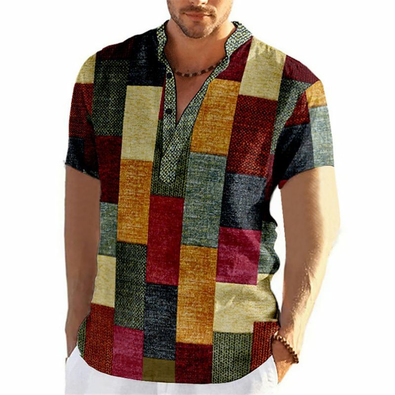 Camisa masculina com impressão 3D patchwork, camiseta casual de mangas curtas, roupas vintage, tops de streetwear, moda verão