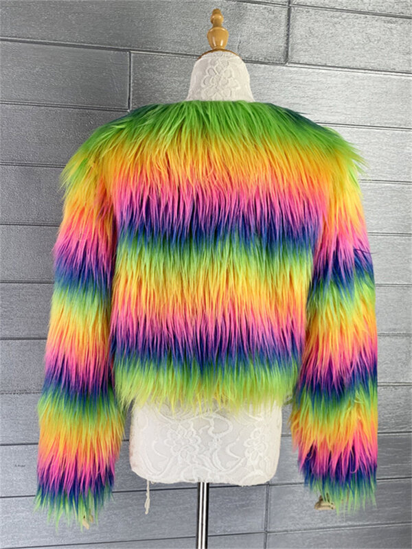 Jaqueta de inverno de pele sintética feminina, casaco manga comprida com tintura de gravata, moda feminina, gola O, 2023