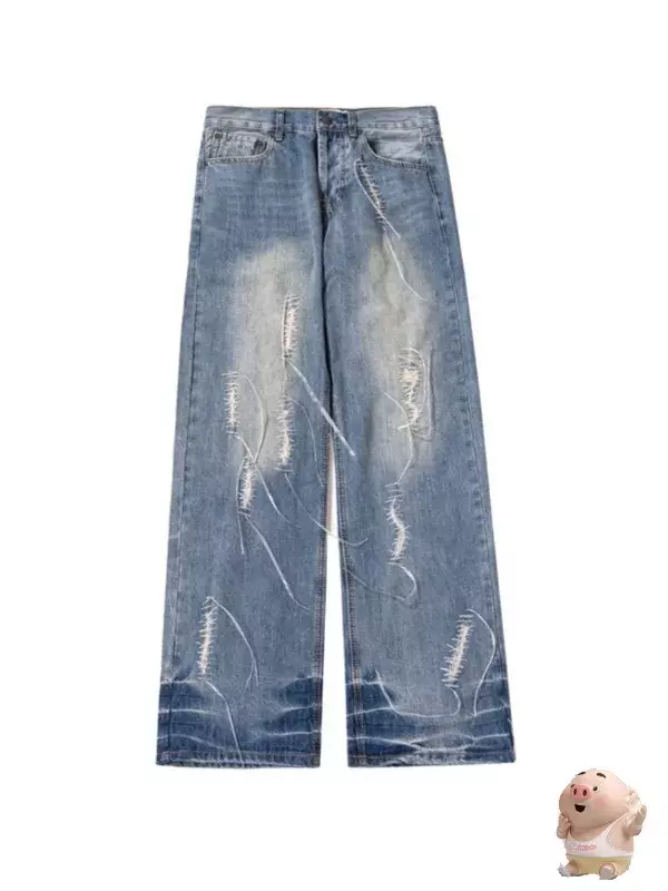 Jeans rasgado tecido lavado para homens e mulheres, tecido pesado 24SS, perna reta solta, rua alta, apertada, casual, na moda