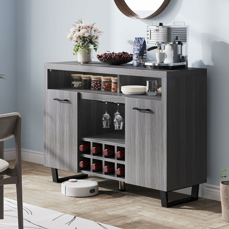 Wine Bar Cabinet with Wine and Glass Rack, 47" Modern Sideboard Buffet Coffee Cabinet with Storage for Kitchen, Grey Oak
