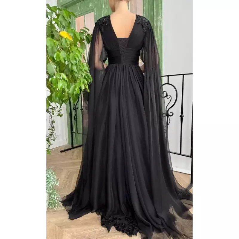 Wakuta Long Tulle Prom Dresses with Pockets 2024 Sexy V Neck Lace Applique Evening Dress Formal Ball Gown vestidos de graduación
