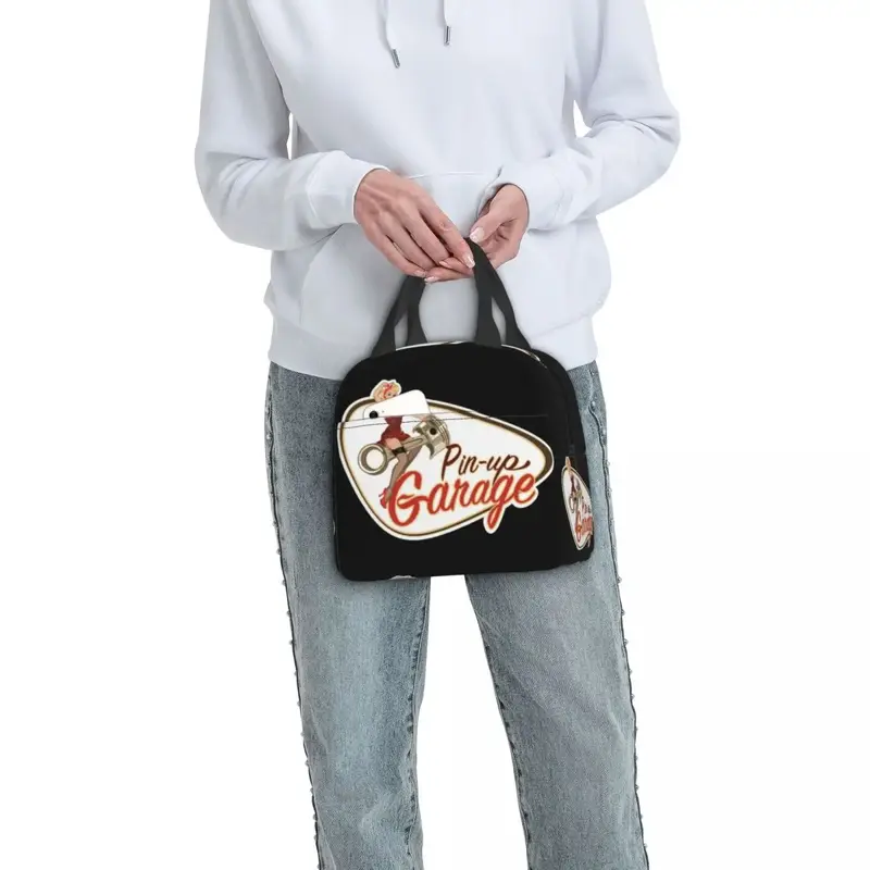 Pin Up Garage Retro Rockabilly Design isolierte Lunch-Taschen tragbare Picknick-Taschen Thermal Lunch-Tasche für Frau Arbeit Kinder Schule