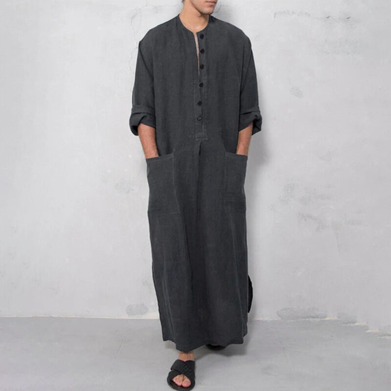 Baru jubah pria gaun panjang Mode gaun Jubba Kaftan lengan panjang Muslim M ~ 3XL warna Solid lembut musim panas Thobe