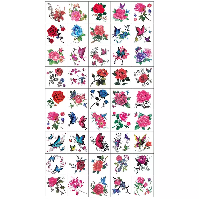 Tatouages Temporaires en Forme de Fleurs et Papillon, Autocollants Correcteurs d'Art Corporel, Étanches, Poulet, Sans Anticorps, 52 Pièces/Ensemble