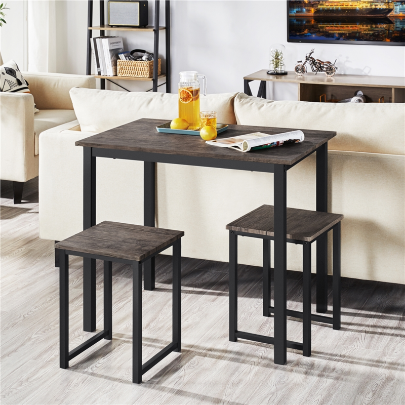 BOUSSAC Set da pranzo in 3 pezzi con tavolo quadrato industriale e 2 sedie senza schienale, marrone Drift