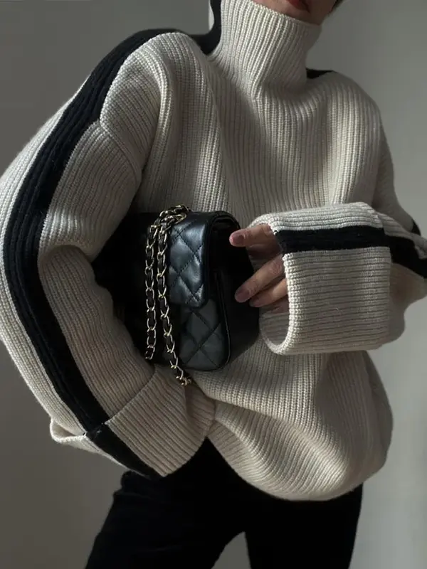 Maglioni dolcevita Patchwork alla moda per le donne pullover lavorati a maglia a maniche lunghe larghi 2023 autunno donna elegante maglieria Chic