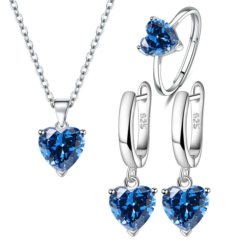 Conjuntos de joyas de plata de ley 925 para mujer, anillo de circón de corazón, pendientes, collar, Boda nupcial, elegante, Navidad, envío gratis