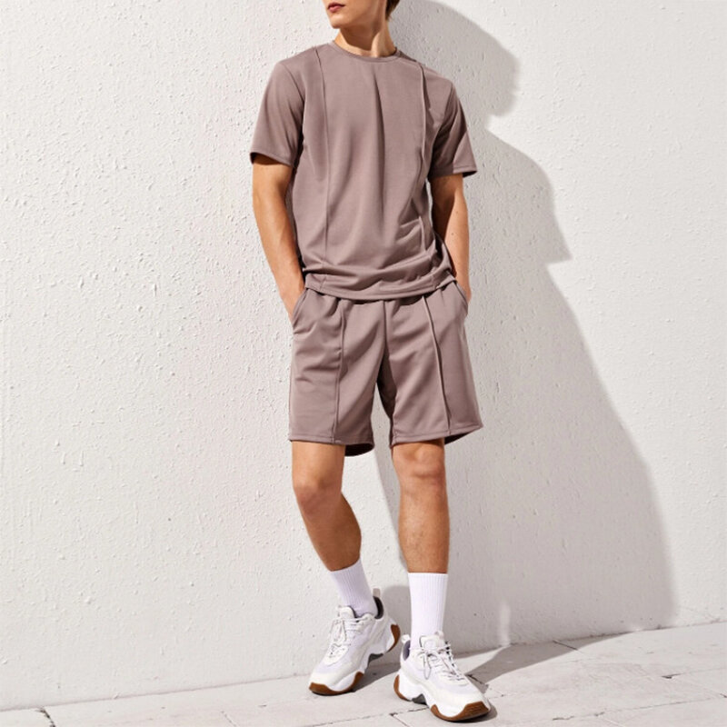 Conjunto de camiseta de manga corta y pantalones cortos para hombre, traje informal de dos piezas con cuello redondo, primavera y verano, 2024