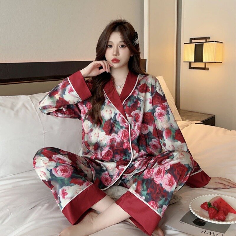 Ice Silk Pajamas Spring Autumn Women Artificial Silk Large Size V-neck Sleepwear Female Casual Long Sleeve HomwearTwo-Piece Suit