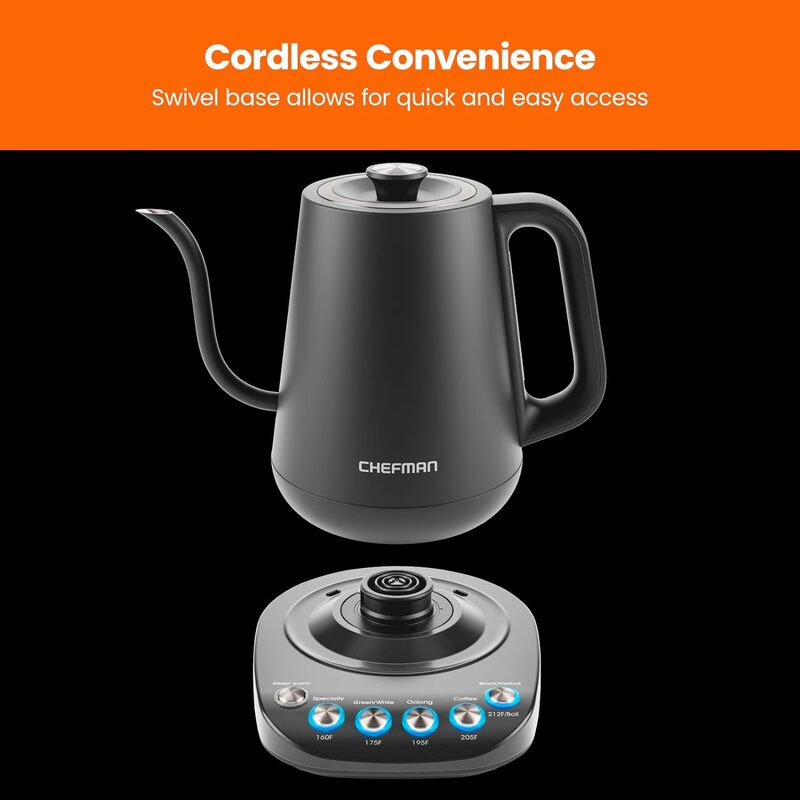 Precision Control Chaleira Gooseneck, controle de temperatura personalizado interno e 6 One-Touch Press, Despeje sobre café e chá