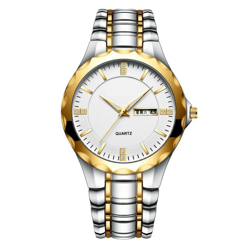 Jam tangan kuarsa bisnis pria, arloji bisnis elegan dengan tampilan kalender ganda gerakan Quartz dekorasi berlian imitasi untuk akurat