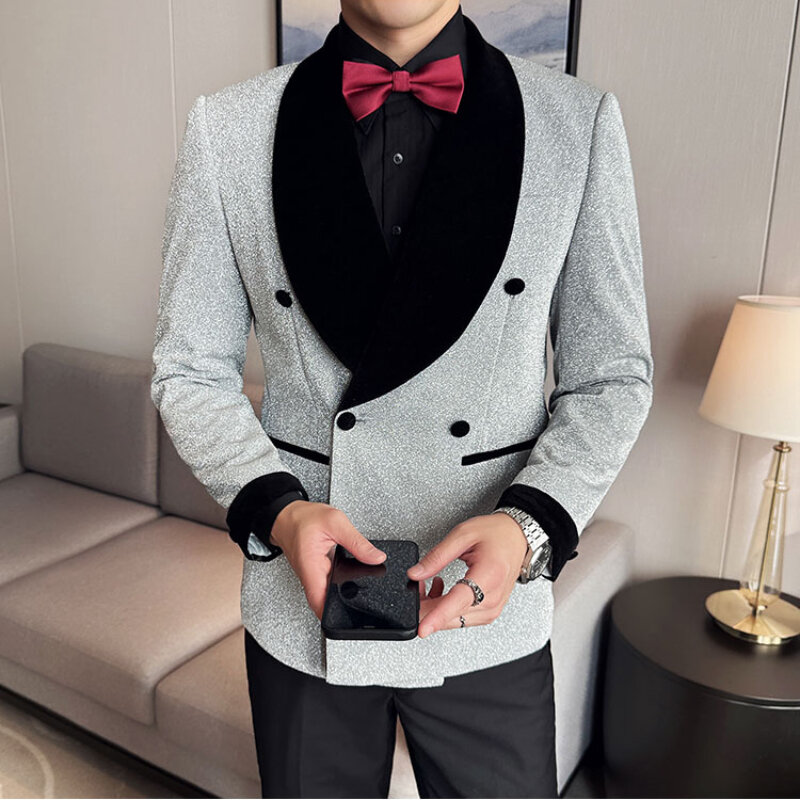 Traje de doble botonadura para hombre, esmoquin informal de ocio, Boutique de negocios, Color sólido, traje ajustado, chaqueta blazer, vestido
