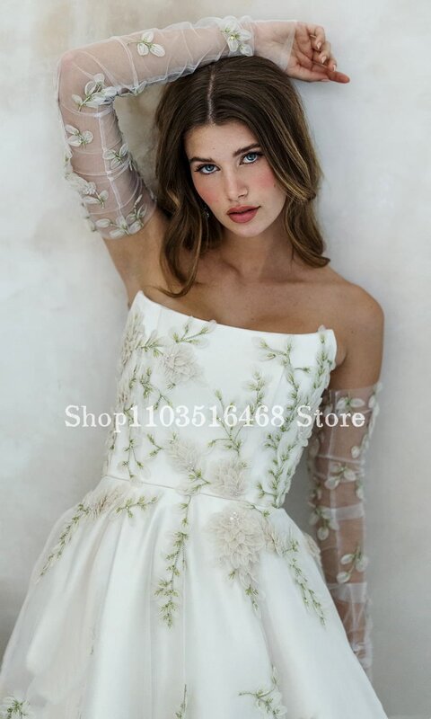 Elegant White Wedding One-piece Neck Bust Green Applique A-Line Couture Bridal Vestidos De Fiesta Elegantes 2024
