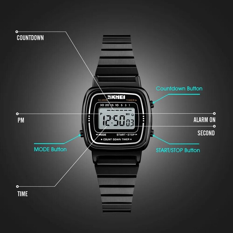 Skmei高級ステンレス鋼カウントダウン時計レディースファッションスポーツ腕時計防水小型ダイヤルクロノデジタル時計